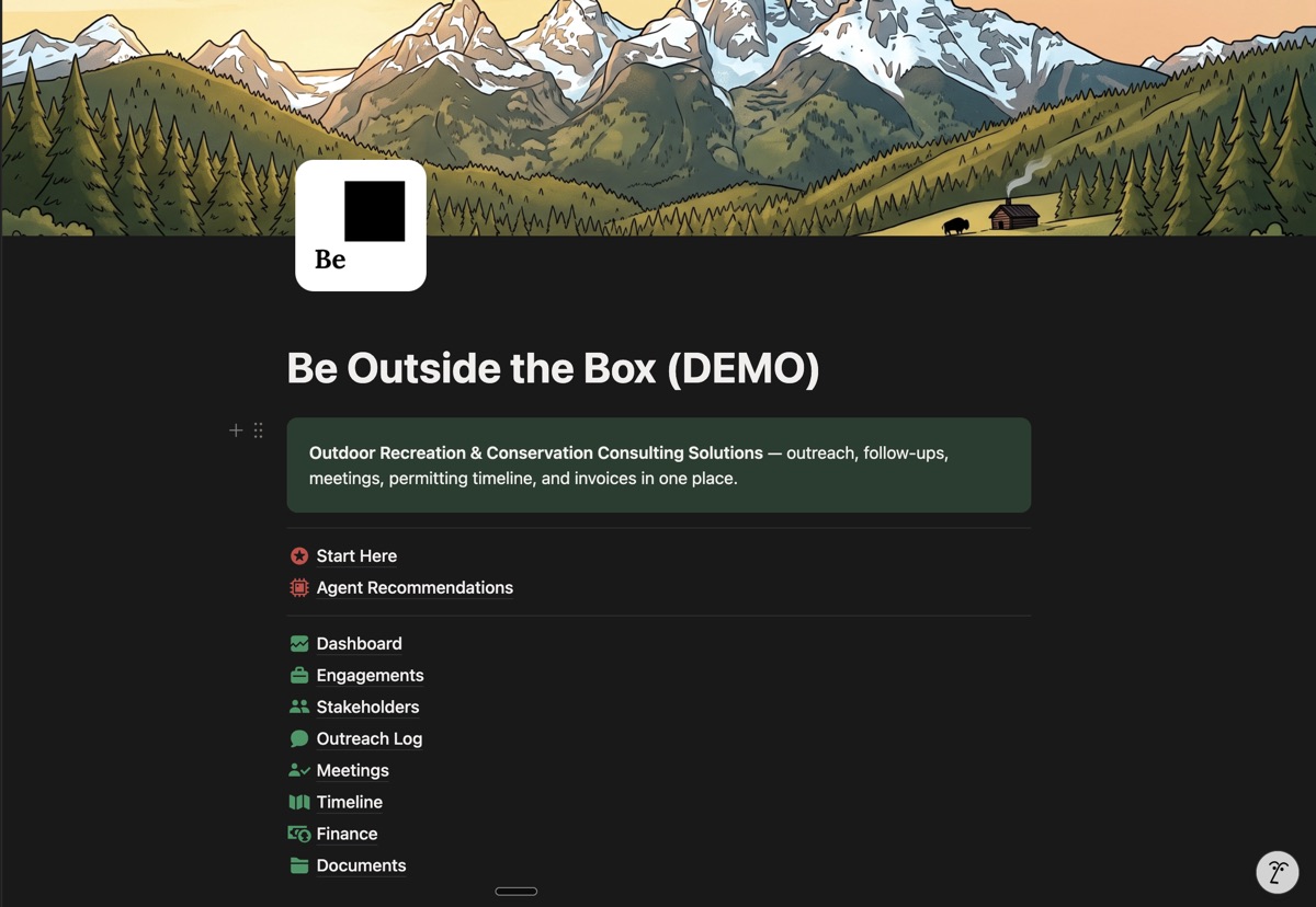 Be Outside the Box demo workspace home page, with links to Dashboard, Engagements, Stakeholders, Outreach Log, Meetings, Timeline, Finance and Documents