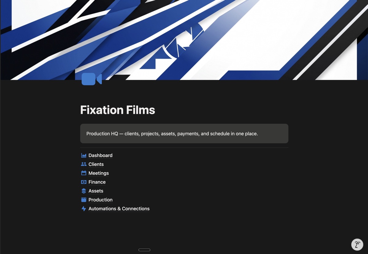 Fixation Films home page in the system, with links to Dashboard, Clients, Meetings, Finance, Assets and Production