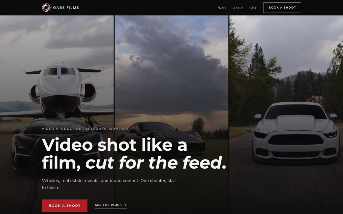 Gabe Films home page on a desktop: three vertical video loops behind the headline Video shot like a film, cut for the feed