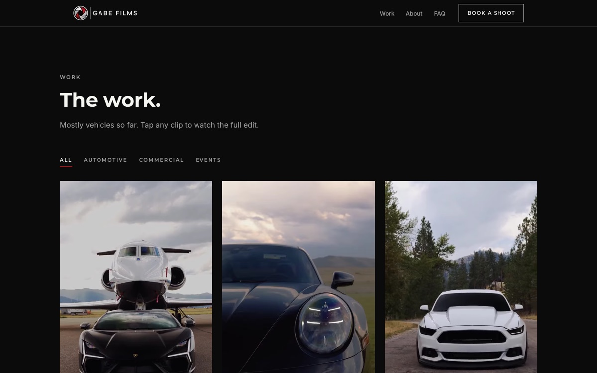 Gabe Films work page on a desktop: a grid of vertical video cards with category filters