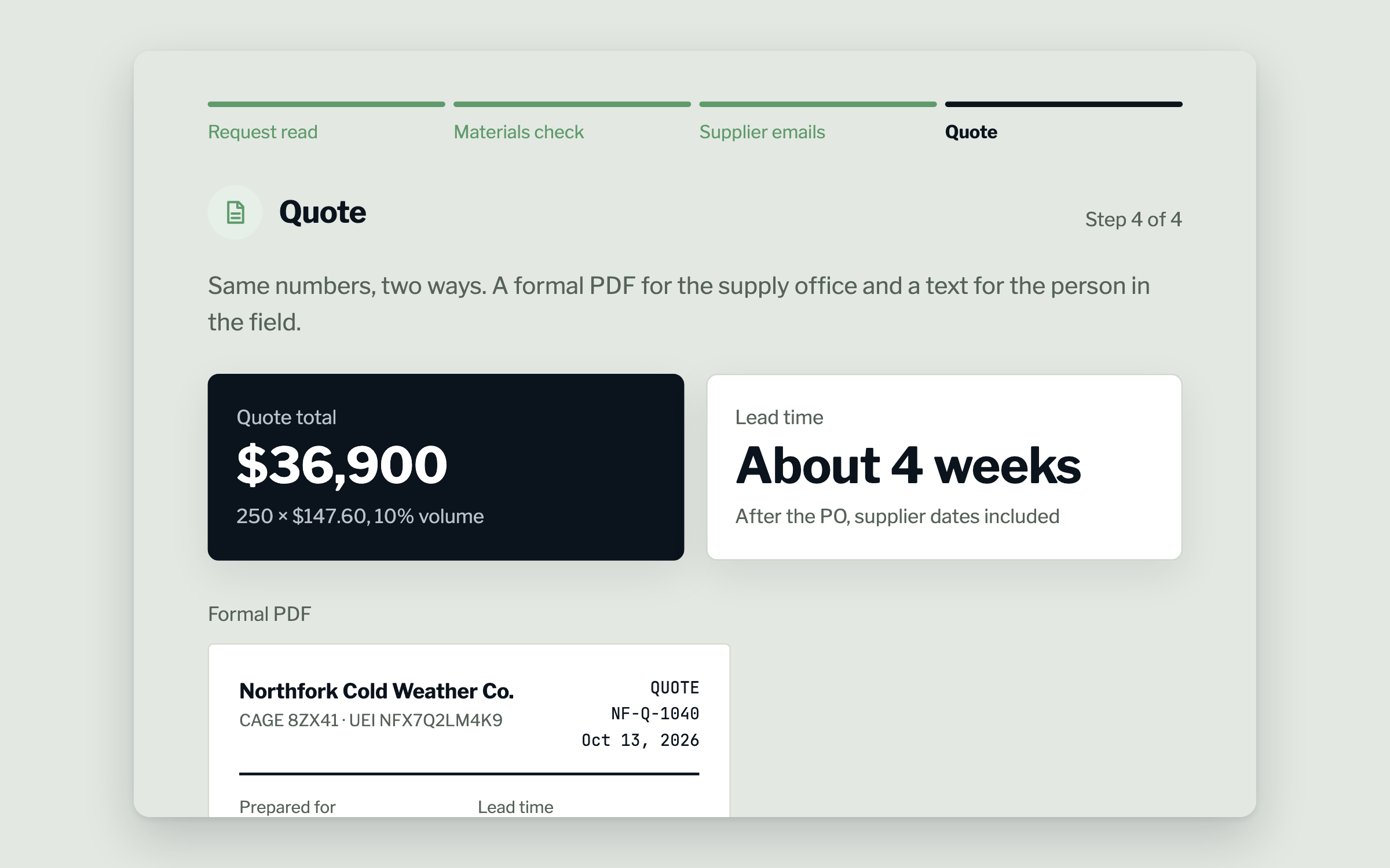 Quote desk demo at the final step: a $36,900 quote total, a lead time of about 4 weeks, and the formal PDF quote for 250 sleeping bag liners